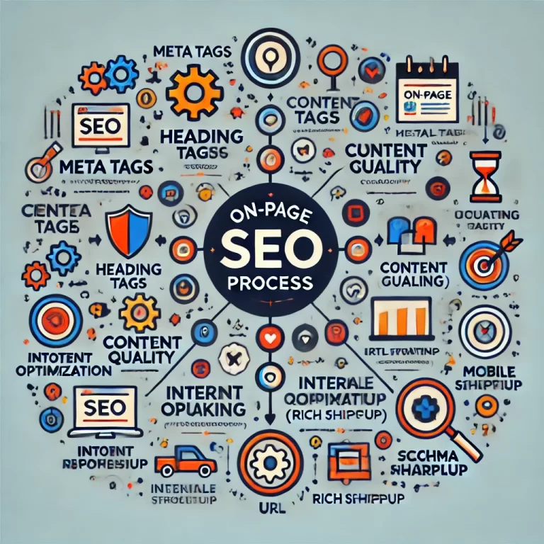 DALL·E 2024 10 17 14.03.34 Create an infographic image titled 'On Page SEO Process' that visually represents the following key elements of on page SEO Meta Tags, Heading Tags,