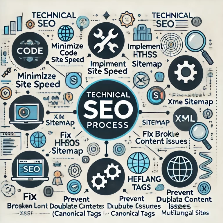 DALL·E 2024 10 17 14.09.49 Create an infographic image titled 'Technical SEO Process' that visually represents the following key elements of technical SEO Minimizing Code, Site